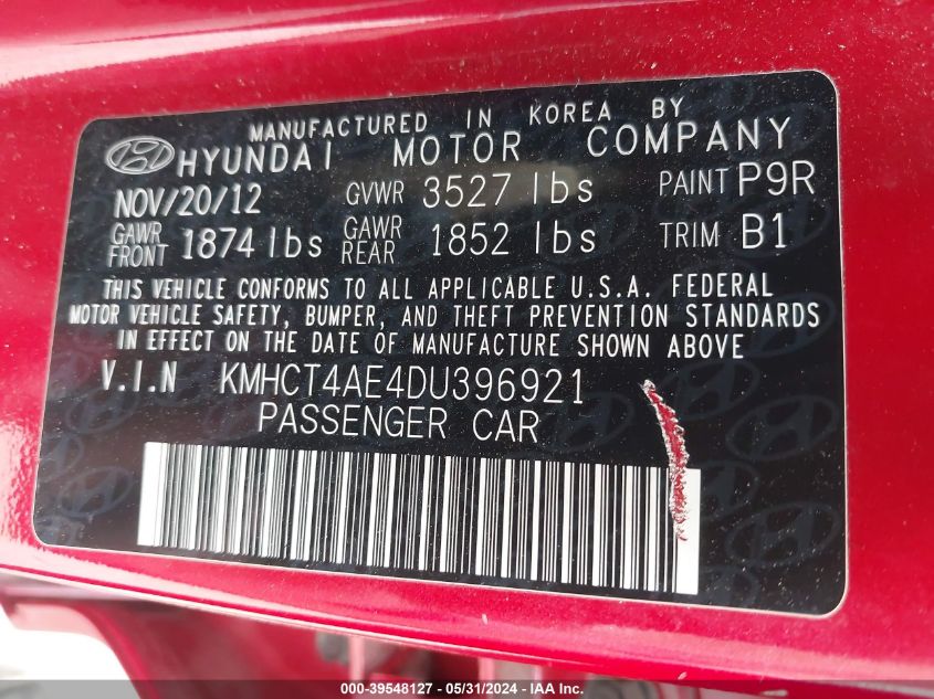 2013 Hyundai Accent Gls VIN: KMHCT4AE4DU396921 Lot: 39548127