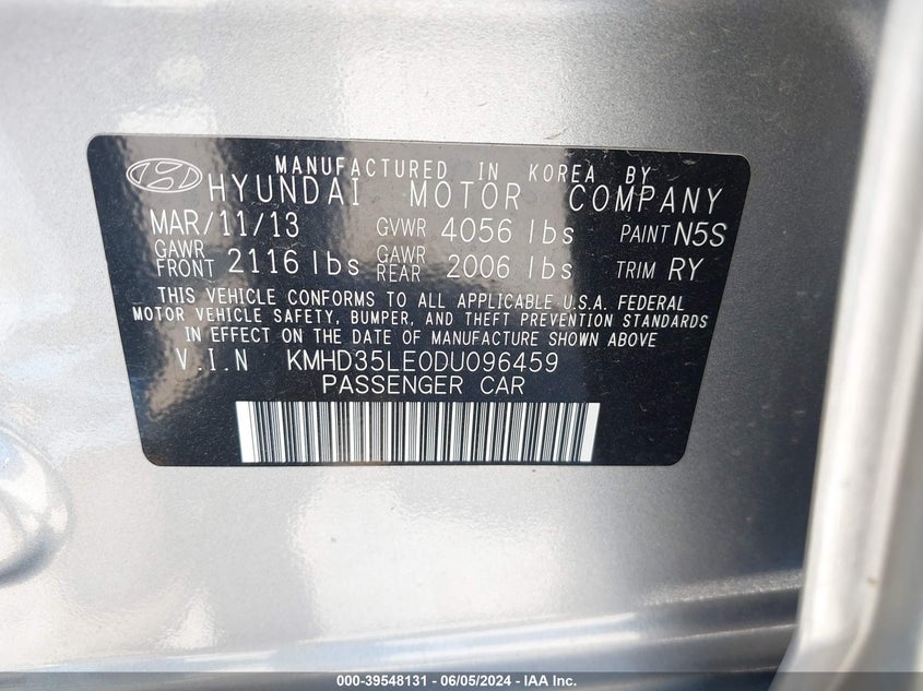 2013 Hyundai Elantra Gt VIN: KMHD35LE0DU096459 Lot: 39548131