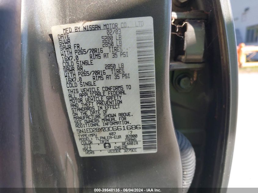 2003 Nissan Xterra Xe VIN: 5N1ED28Y03C661686 Lot: 39548135