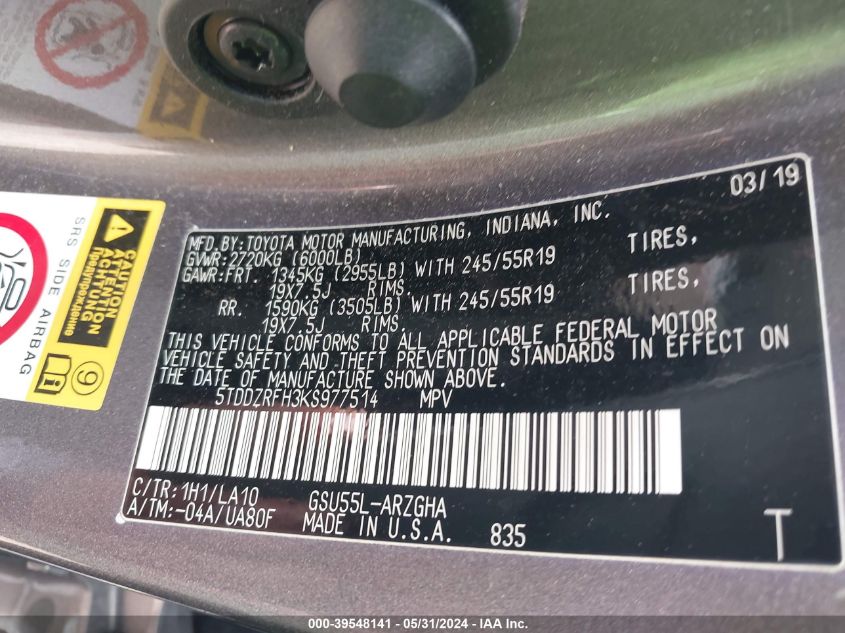 2019 Toyota Highlander Limited VIN: 5TDDZRFH3KS977514 Lot: 39548141