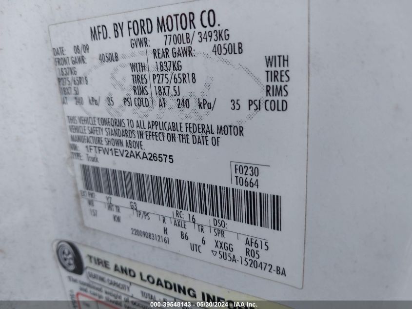 2010 Ford F-150 Fx4/Harley-Davidson/King Ranch/Lariat/Platinum/Xl/Xlt VIN: 1FTFW1EV2AKA26575 Lot: 39548143