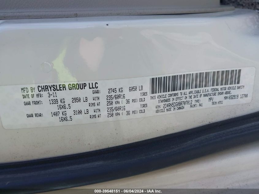 2011 Dodge Grand Caravan Crew VIN: 2D4RN5DG0BR707012 Lot: 39548151