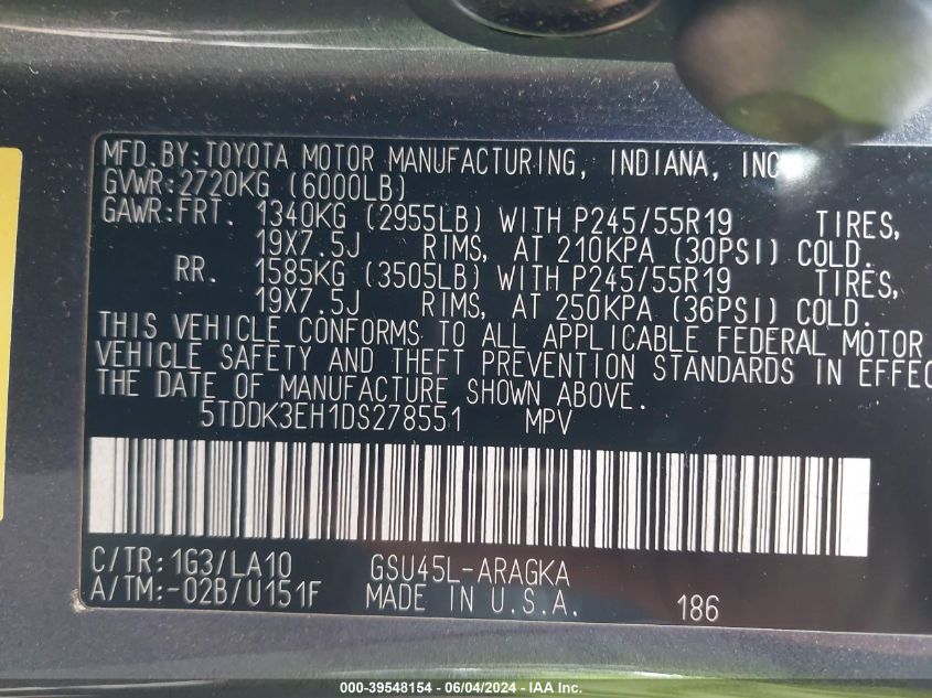 2013 Toyota Highlander Limited V6 VIN: 5TDDK3EH1DS278551 Lot: 39548154