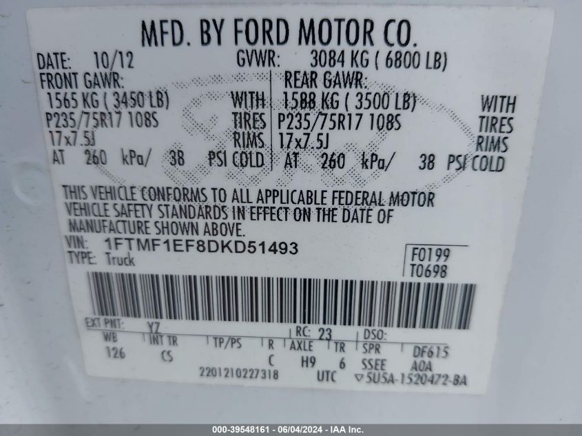 2013 Ford F-150 Xl VIN: 1FTMF1EF8DKD51493 Lot: 39548161