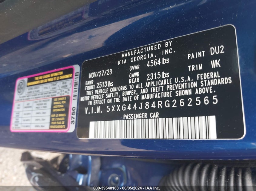 2024 KIA K5 2.5L I-4 DI, DOHC, V(VIN: 5XXG44J84RG262565