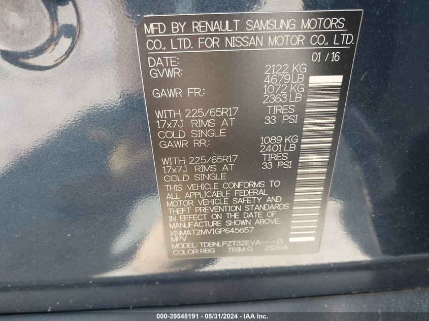 2016 Nissan Rogue S VIN: KNMAT2MV1GP645657 Lot: 39548191