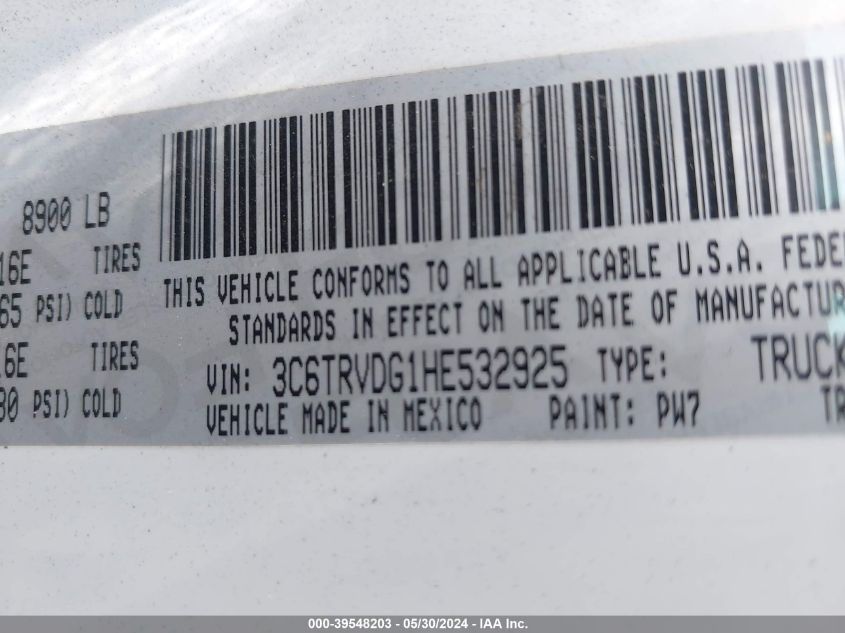2017 Ram Promaster 2500 High Roof 159 Wb VIN: 3C6TRVDG1HE532925 Lot: 39548203