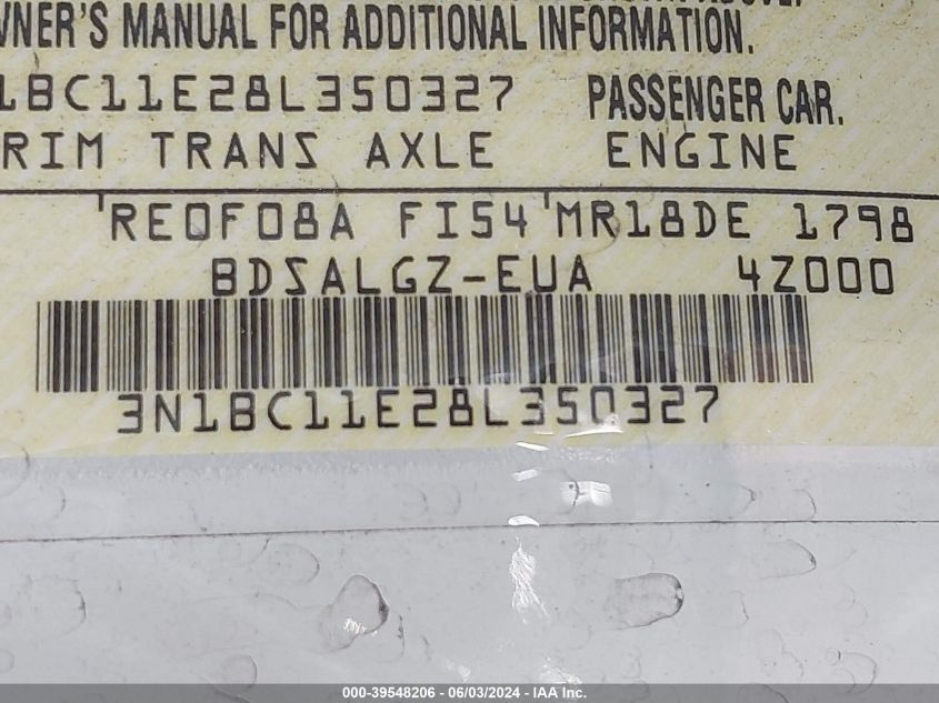 2008 Nissan Versa S/Sl VIN: 3N1BC11E28L350327 Lot: 39548206