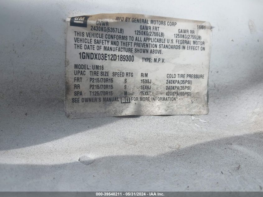 2002 Chevrolet Venture Ls VIN: 1GNDX03E12D189300 Lot: 39548211