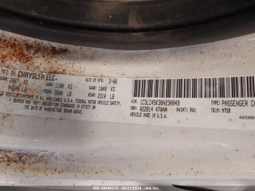 2008 Chrysler Sebring Lx VIN: 1C3LC45K38N230849 Lot: 39548215