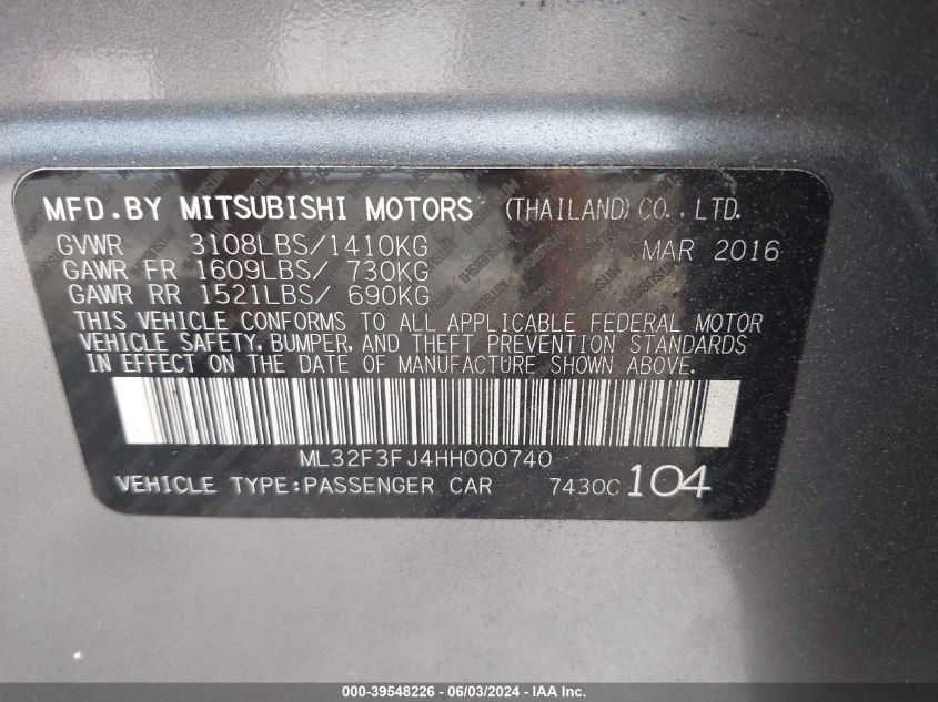 2017 Mitsubishi Mirage G4 Es VIN: ML32F3FJ4HH000740 Lot: 39548226