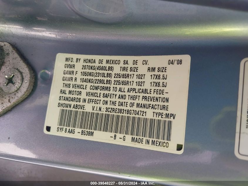 2008 Honda Cr-V Lx VIN: 3CZRE38318G704721 Lot: 39548227