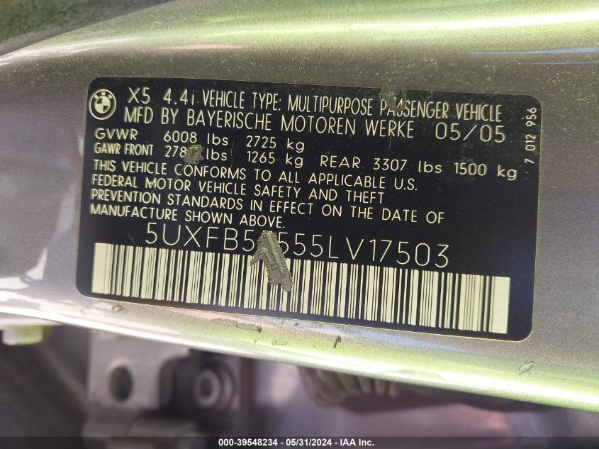2005 BMW X5 4.4I VIN: 5UXFB53555LV17503 Lot: 39548234