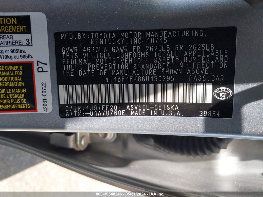 2016 Toyota Camry Se VIN: 4T1BF1FK8GU150295 Lot: 39548246