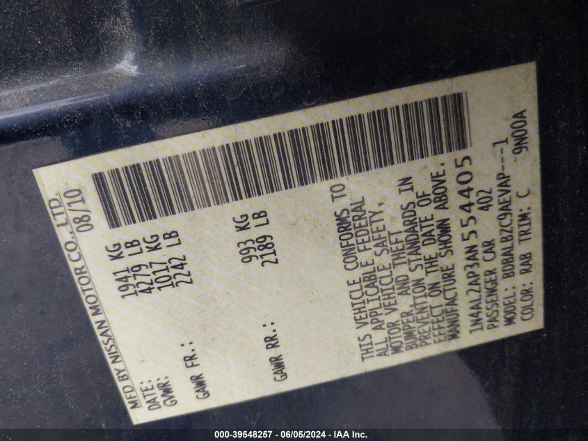 2010 Nissan Altima 2.5 S VIN: 1N4AL2AP3AN554405 Lot: 39548257