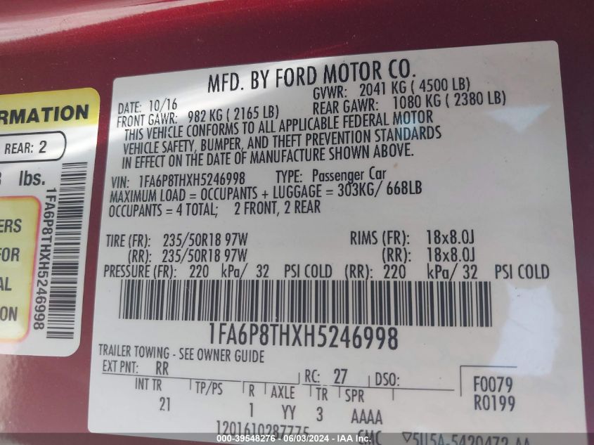 2017 Ford Mustang Ecoboost VIN: 1FA6P8THXH5246998 Lot: 39548276