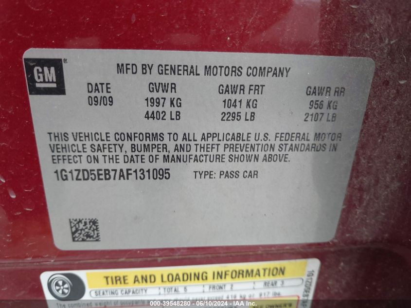 2010 Chevrolet Malibu Lt VIN: 1G1ZD5EB7AF131095 Lot: 39548280