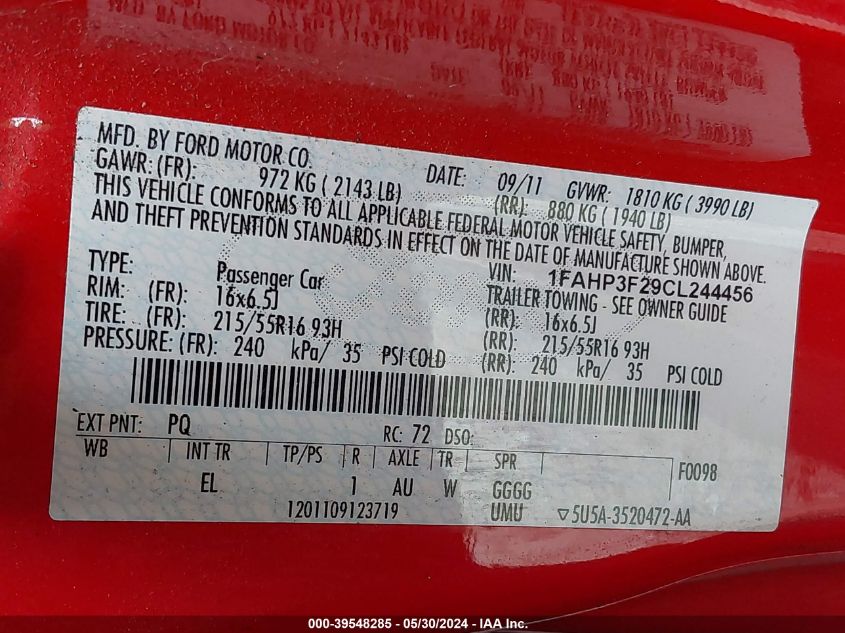 2012 Ford Focus Se VIN: 1FAHP3F29CL244456 Lot: 39548285