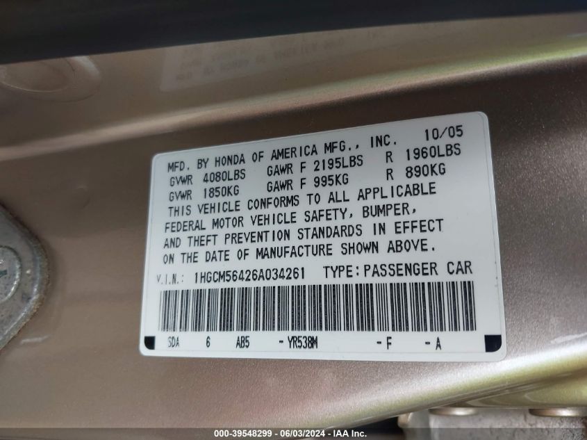 2006 Honda Accord 2.4 Lx VIN: 1HGCM56426A034261 Lot: 39548299