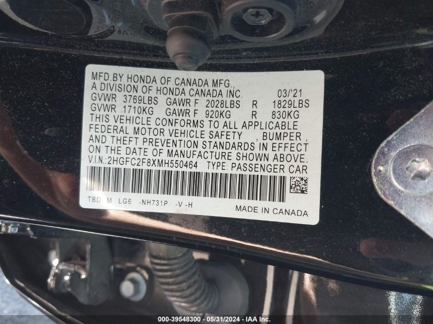 VIN 2HGFC2F8XMH550464 2021 HONDA CIVIC SPORT