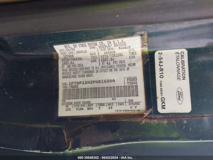 1993 Ford F150 VIN: 1FTDF15N2PNB16064 Lot: 39548302