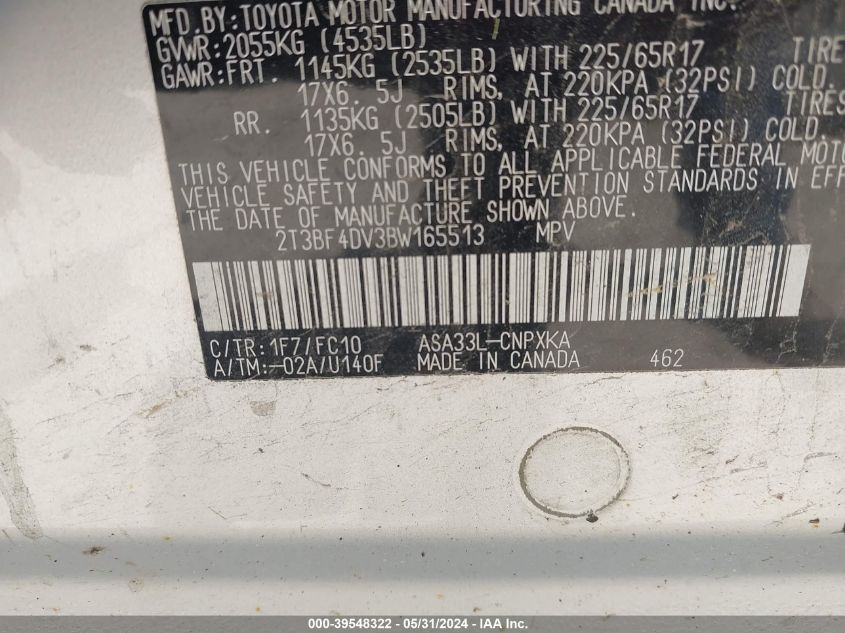 2011 Toyota Rav4 VIN: 2T3BF4DV3BW165513 Lot: 39548322