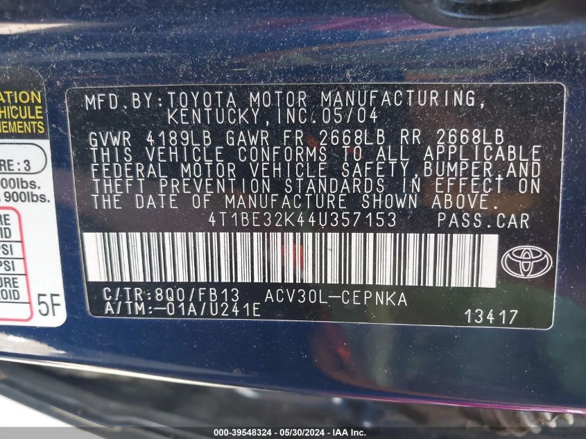 2004 Toyota Camry Le VIN: 4T1BE32K44U357153 Lot: 39548324