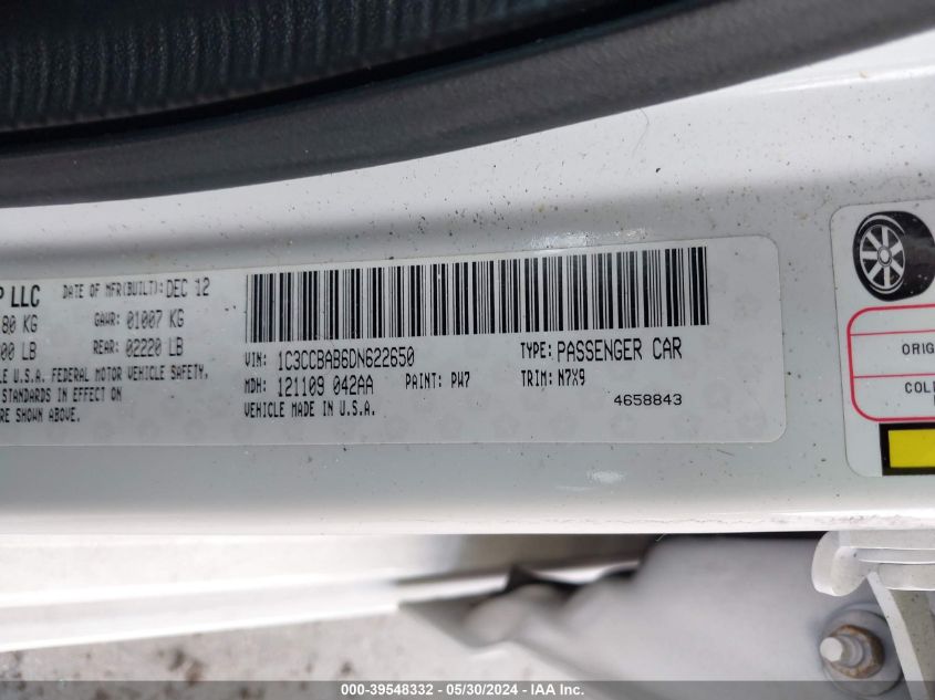 2013 Chrysler 200 Lx VIN: 1C3CCBAB6DN622650 Lot: 39548332