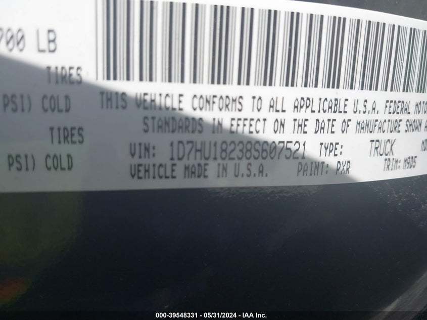 2008 Dodge Ram 1500 Slt VIN: 1D7HU18238S607521 Lot: 39548331