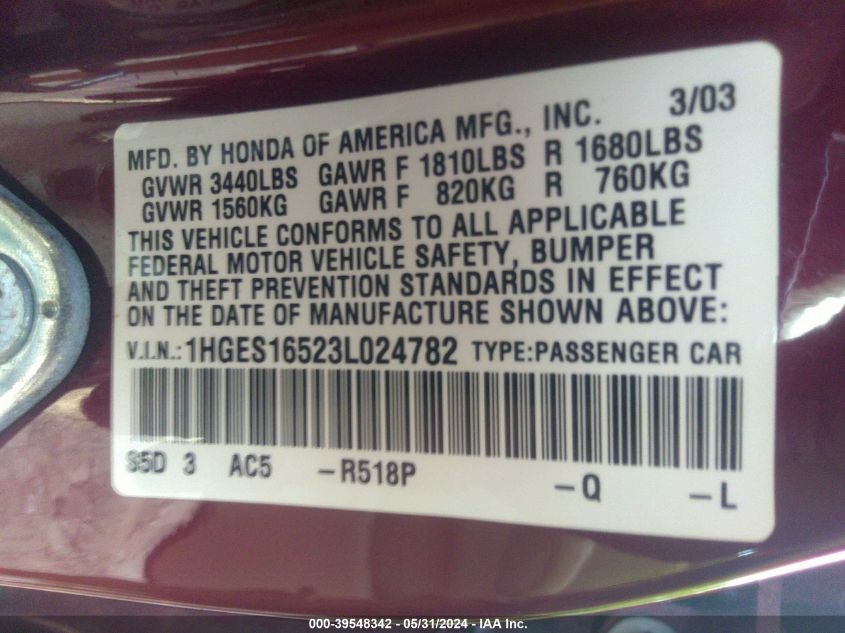 2003 Honda Civic Lx VIN: 1HGES16523L024782 Lot: 39548342