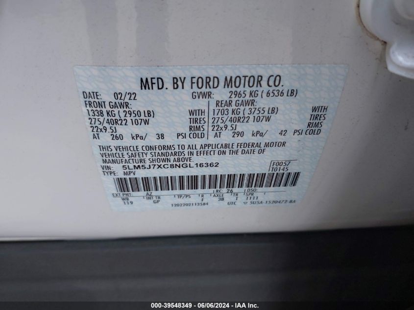 2022 LINCOLN AVIATOR RESERVE - 5LM5J7XC8NGL16362