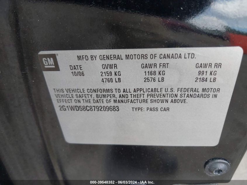 2007 Chevrolet Impala Ss VIN: 2G1WD58C879209683 Lot: 39548352