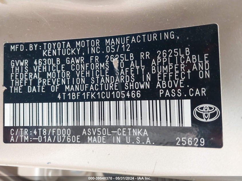 2012 Toyota Camry Se/Le/Xle VIN: 4T1BF1FK1CU10546 Lot: 39548370