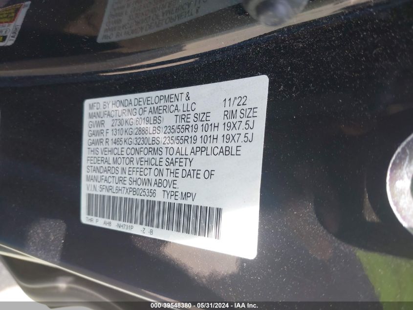 2023 Honda Odyssey Sport VIN: 5FNRL6H7XPB025356 Lot: 39548380