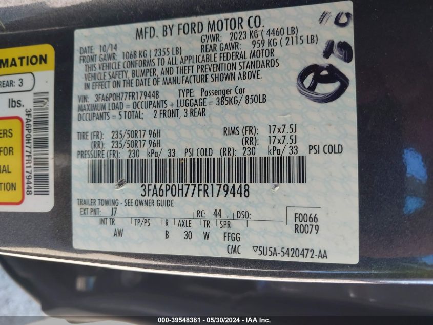 2015 FORD FUSION SE - 3FA6P0H77FR179448