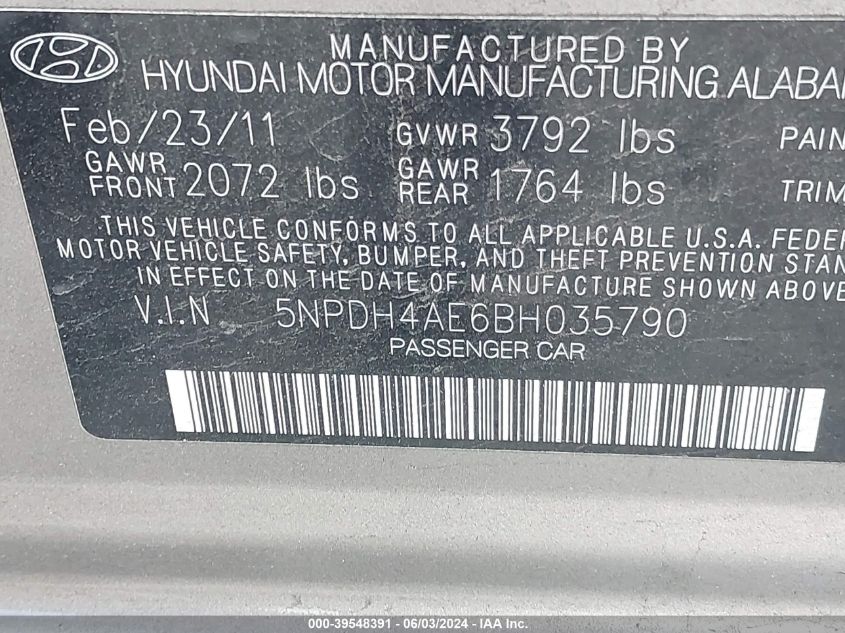 5NPDH4AE6BH035790 2011 Hyundai Elantra Limited