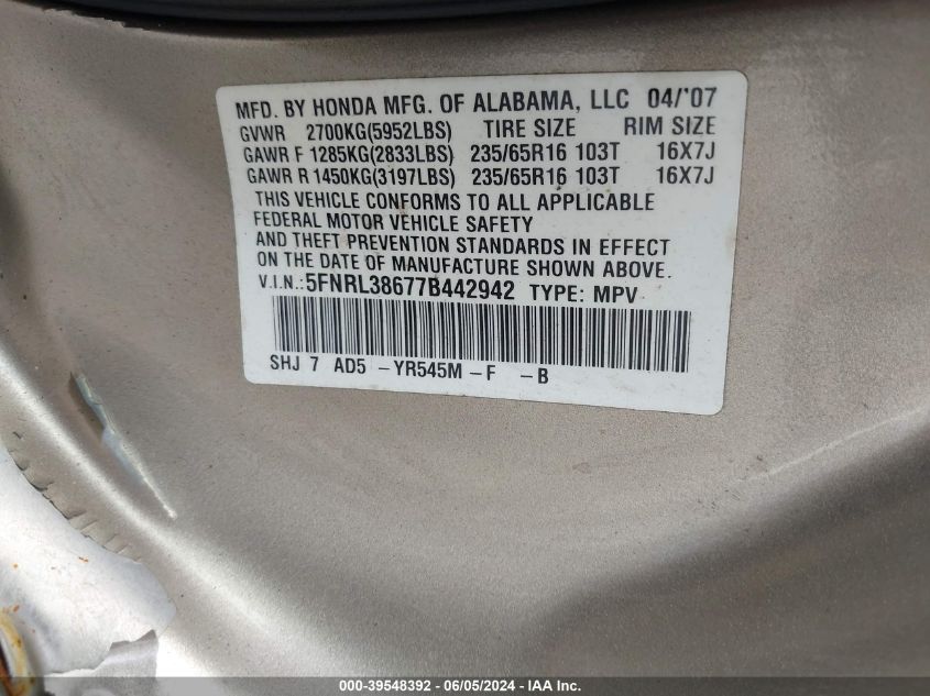 2007 Honda Odyssey Ex-L VIN: 5FNRL38677B442942 Lot: 39548392
