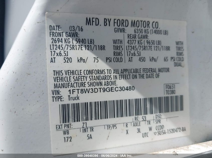 2016 Ford F-350 Lariat VIN: 1FT8W3DT9GEC30480 Lot: 39548395