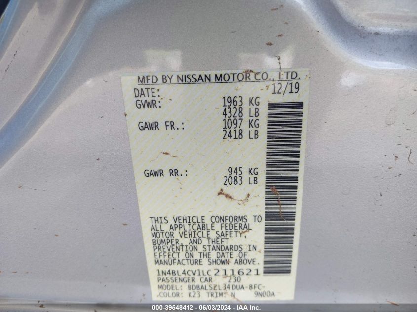 2020 Nissan Altima Sr Fwd VIN: 1N4BL4CV1LC211621 Lot: 39548412