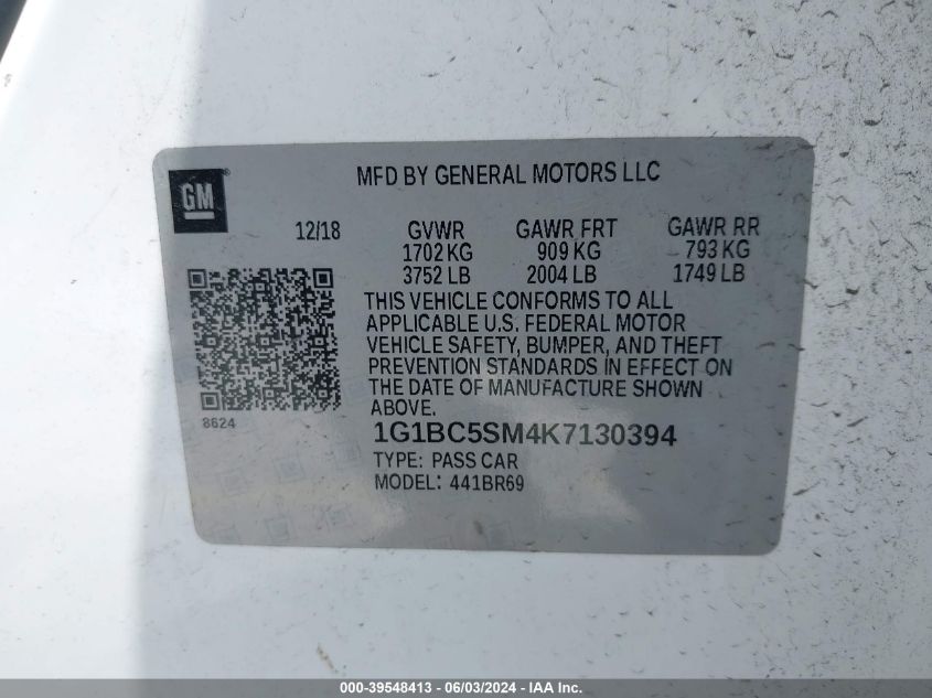 2019 Chevrolet Cruze Ls VIN: 1G1BC5SM4K7130394 Lot: 39548413