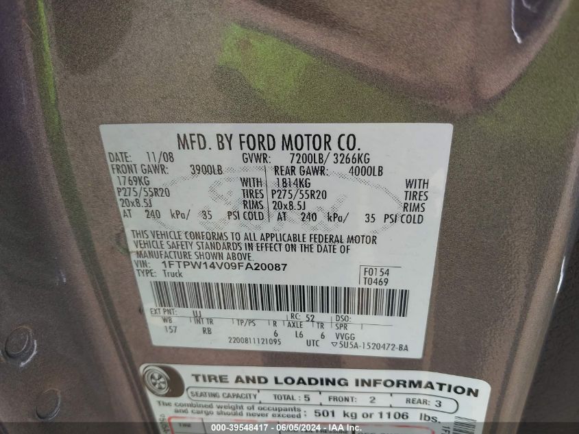 2009 Ford F-150 Fx4 VIN: 1FTPW14V09FA20087 Lot: 39548417