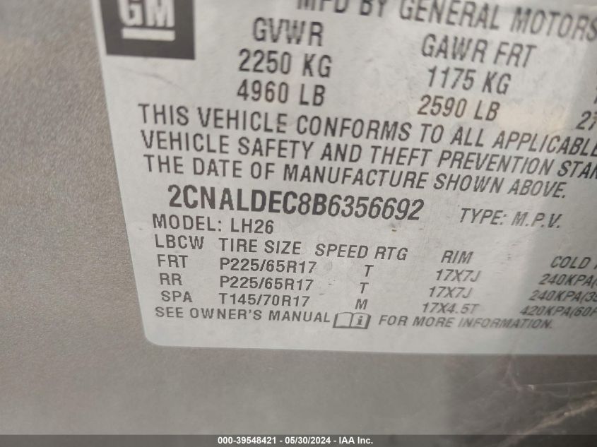 2011 Chevrolet Equinox 1Lt VIN: 2CNALDEC8B6356692 Lot: 39548421