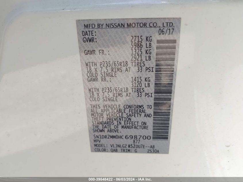 5N1DR2MM0HC698700 2017 Nissan Pathfinder Sl