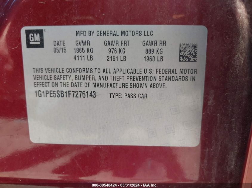 2015 Chevrolet Cruze 2Lt Auto VIN: 1G1PE5SB1F7276143 Lot: 39548424