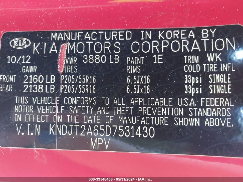 2013 Kia Soul + VIN: KNDJT2A65D7531430 Lot: 39548436