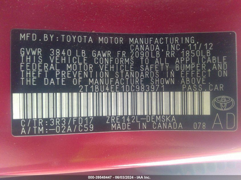 2013 TOYOTA COROLLA S - 2T1BU4EE1DC983971