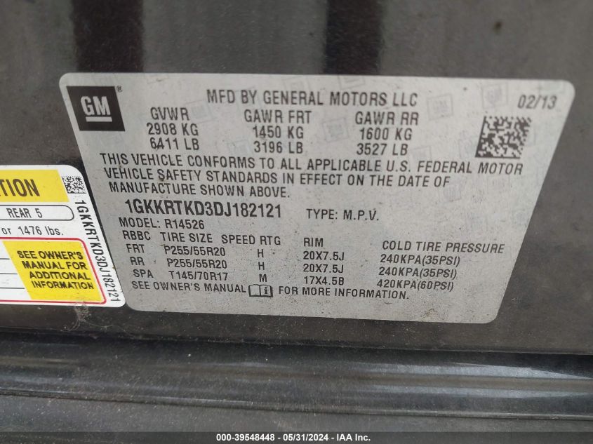 2013 GMC Acadia Denali VIN: 1GKKRTKD3DJ182121 Lot: 39548448