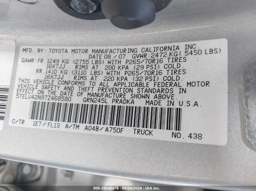 2007 Toyota Tacoma Base V6 VIN: 5TELU42N97Z468580 Lot: 39548476