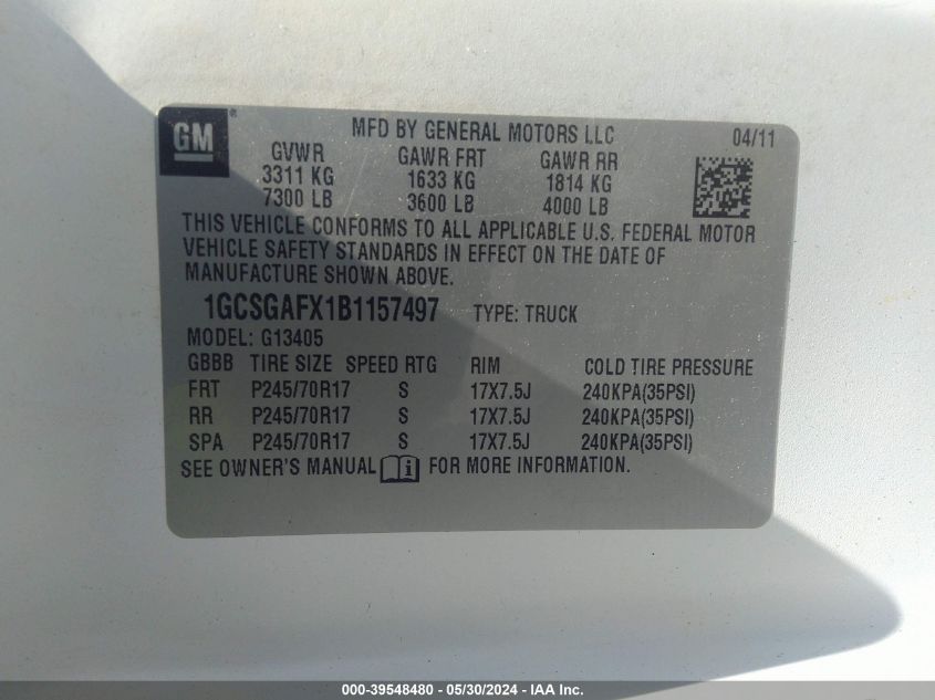 2011 Chevrolet Express 1500 Work Van VIN: 1GCSGAFX1B1157497 Lot: 39548480