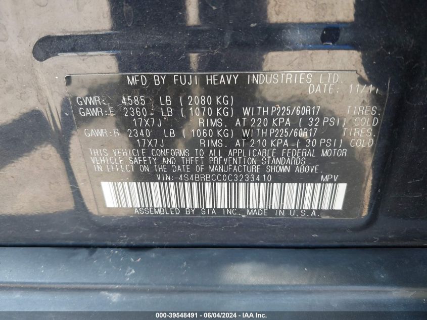 2012 Subaru Outback 2.5I Premium VIN: 4S4BRBCC0C3233410 Lot: 39548491